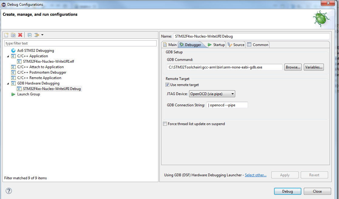 Debug Configuration Debugger Tab
