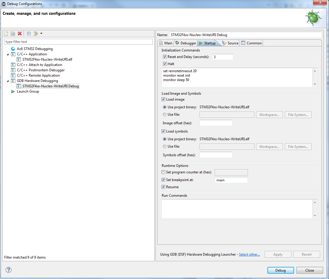 Debug Configuration Startup Tab