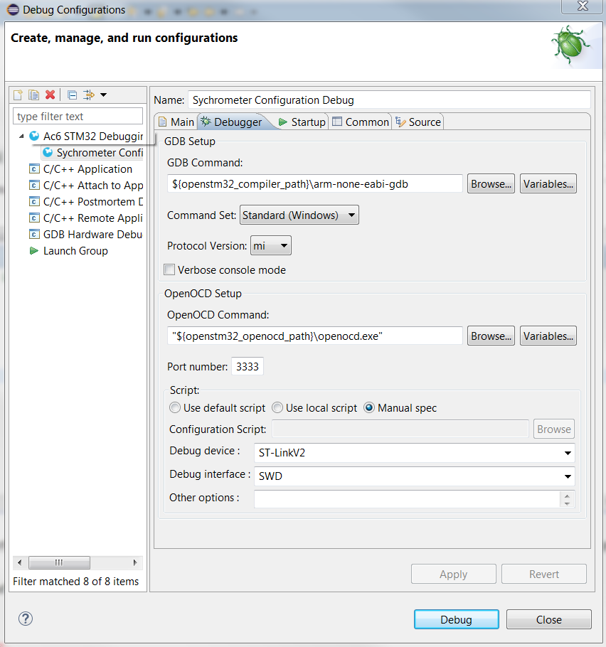 System Workbench Debug Config