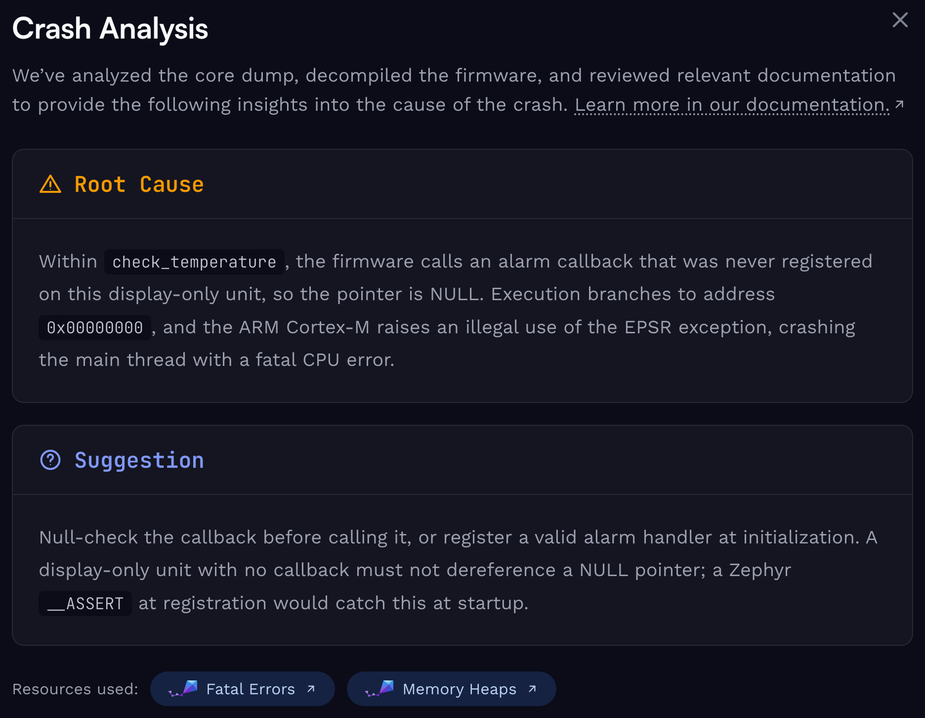 The full Crash Analysis: the root cause (an unregistered alarm callback) and a suggested fix.