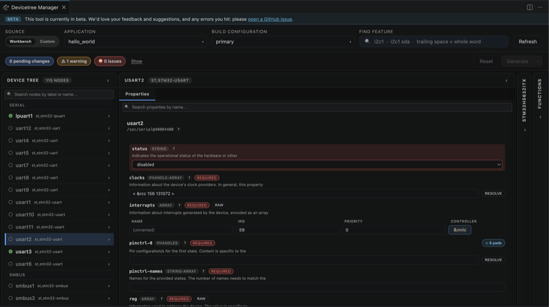 usart2 selected, status disabled