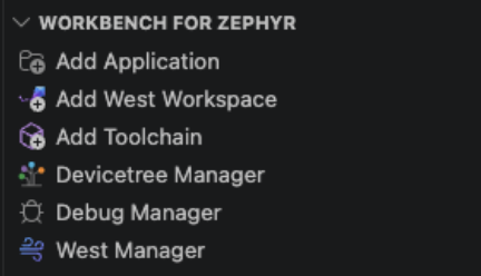 The Workbench for Zephyr shortcuts view, with the Devicetree Manager item